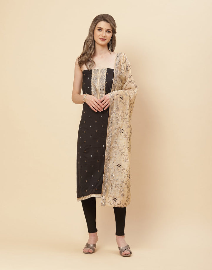 Embroidered Cotton Suit Piece With Embroidered Chanderi Dupatta