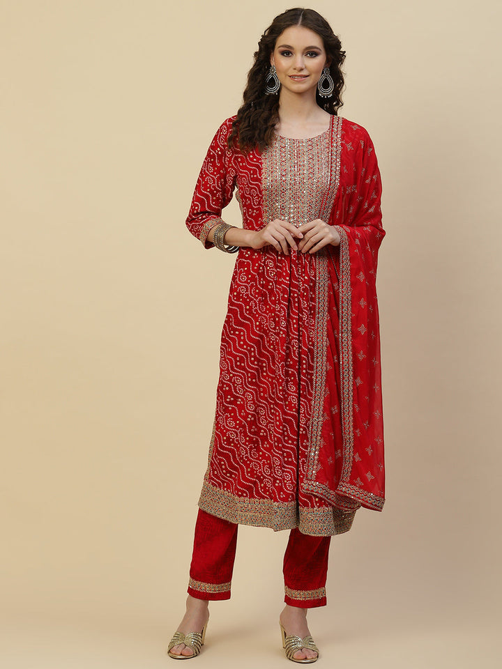 Bandhani Printed Cotton Kurta With Pants &amp; Dupatta