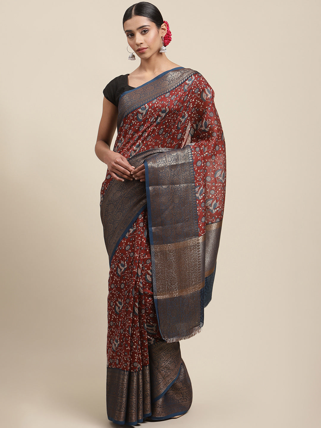 Floral Printed Banarasi Border Pallu Cotton Chanderi Saree
