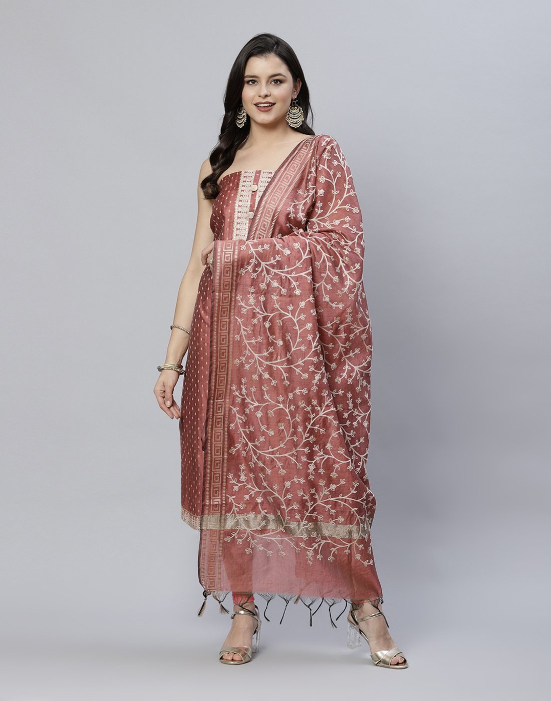 Chanderi Suit Piece With Embroidered Dupatta