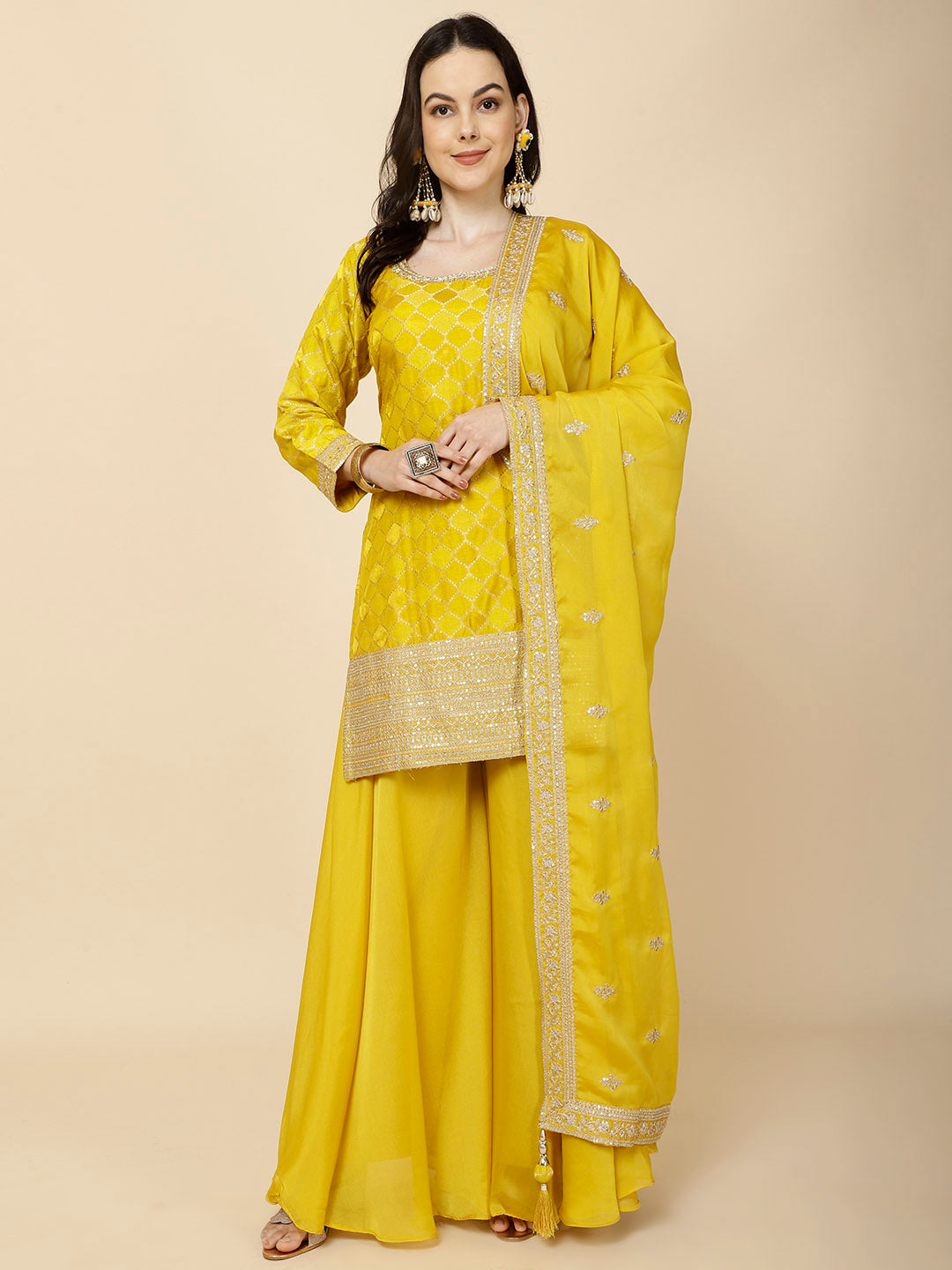 Zari Jaal Embroidery Handloom Suit Set With Dupatta &amp; Palazzo