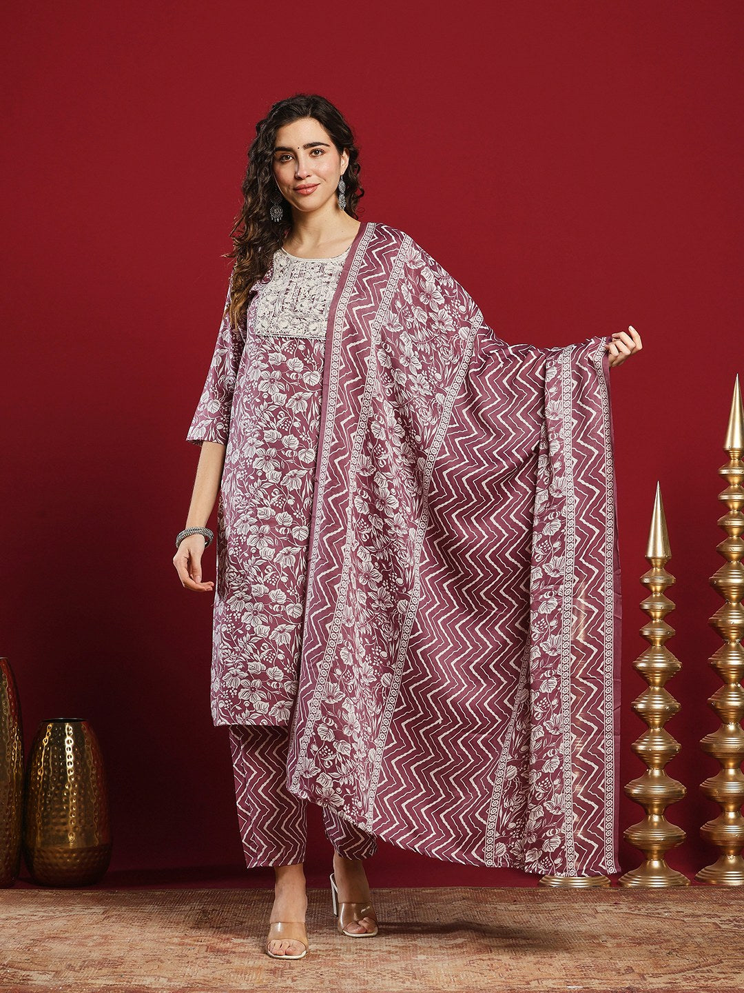 Printed Cotton Kurta With Pant &amp; Dupatta