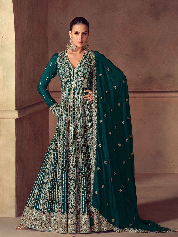 Embroidered Chinon Suit With Pant &amp; Dupatta