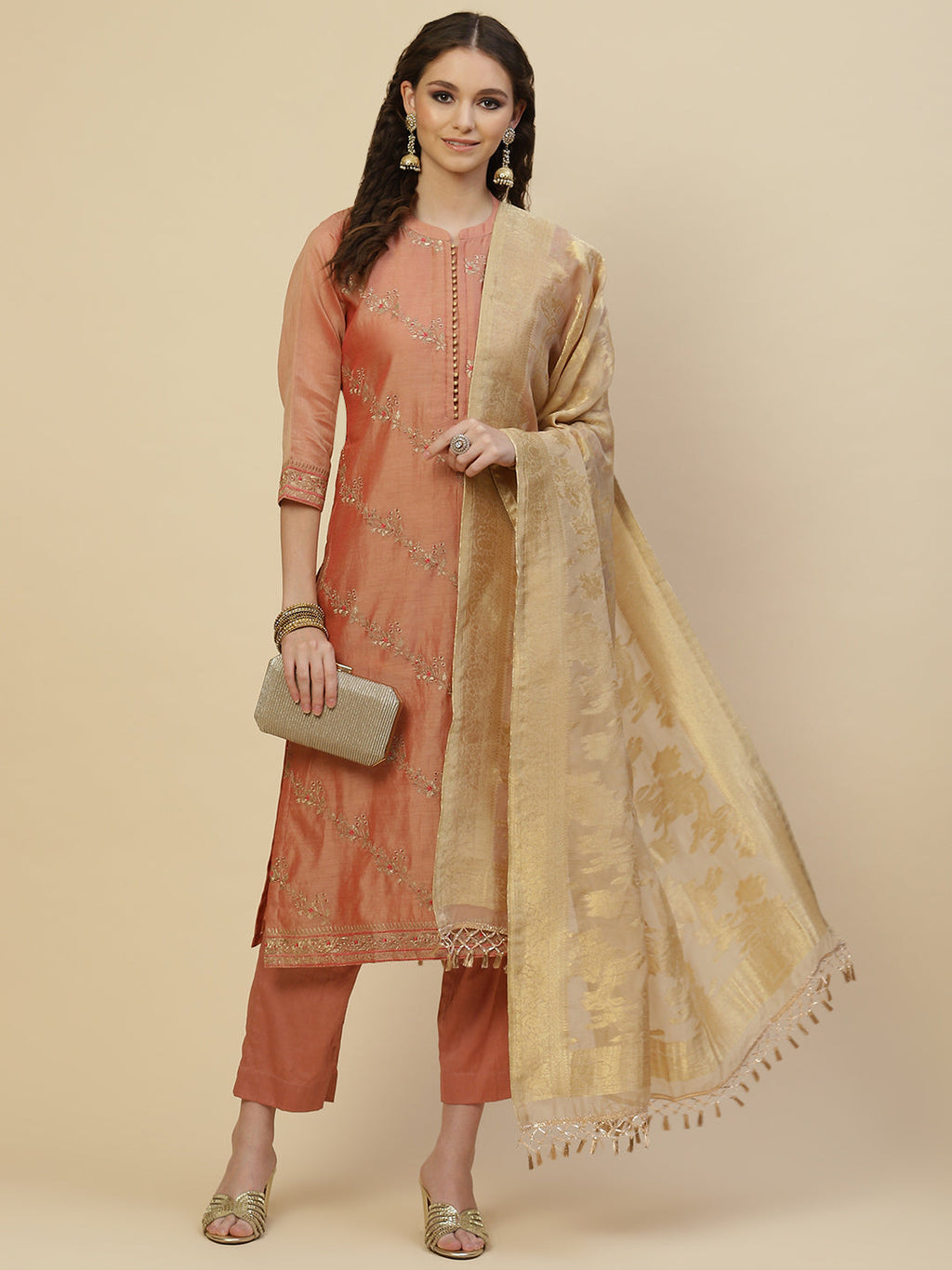 Zari Booti Cotton Kurta With Pants & Dupatta