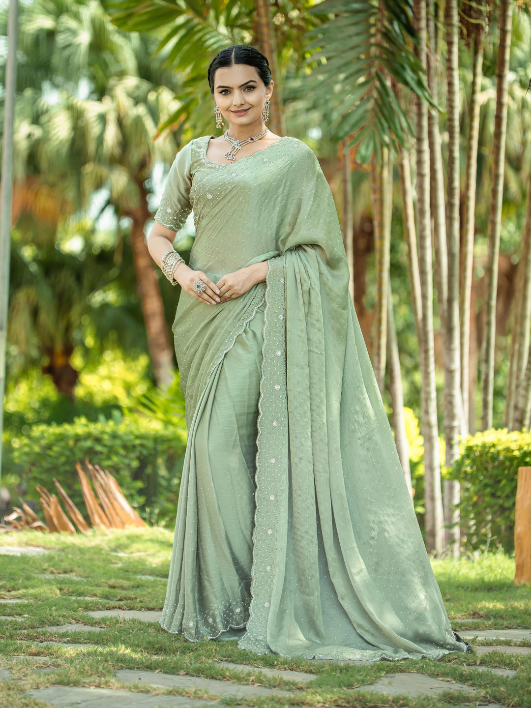 Cutdana Embroidered Chinon Saree