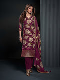 Wine Printed Art Silk Kurta With Pant & Dupatta
