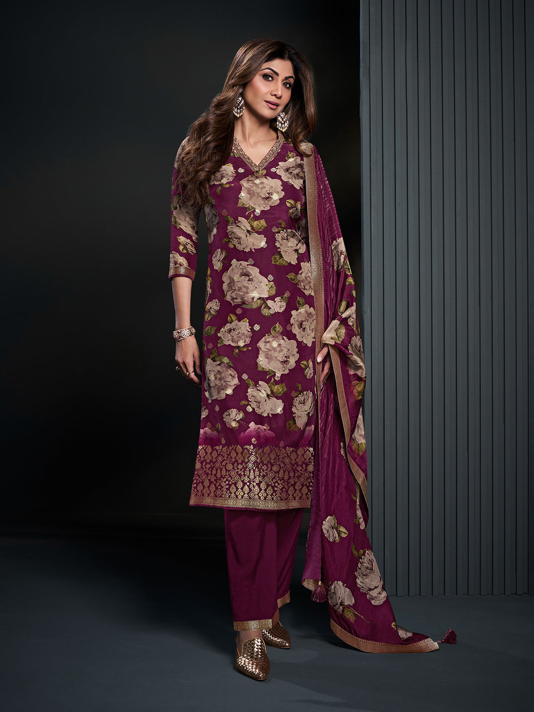 Wine Printed Art Silk Kurta With Pant & Dupatta