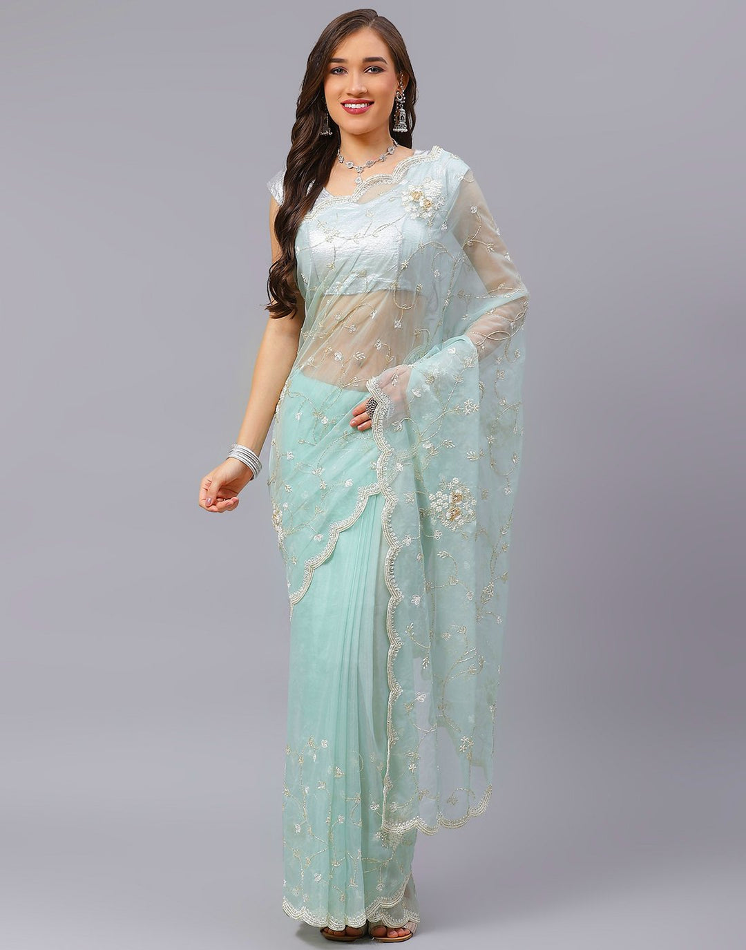 Embroidery Aqua Green and Pink Saree