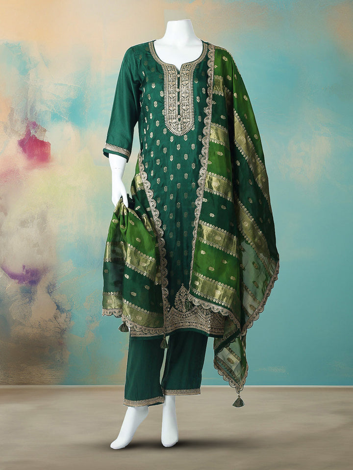 Embroidered Art Silk Kurta With Pant &amp; Dupatta