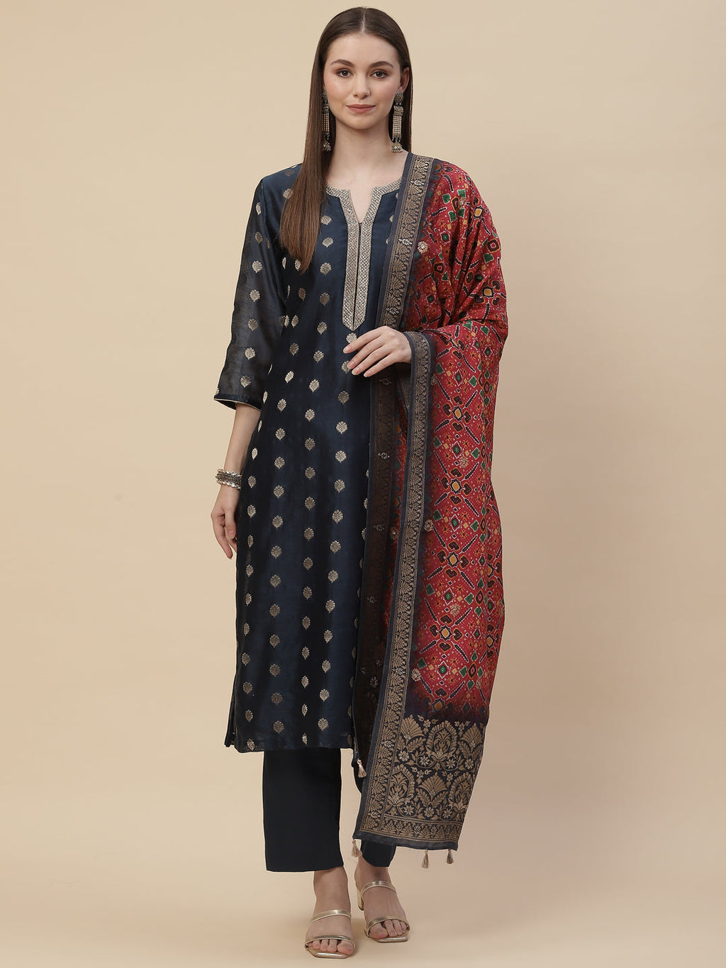 Zari Booti Cotton Kurta With Pants & Dupatta