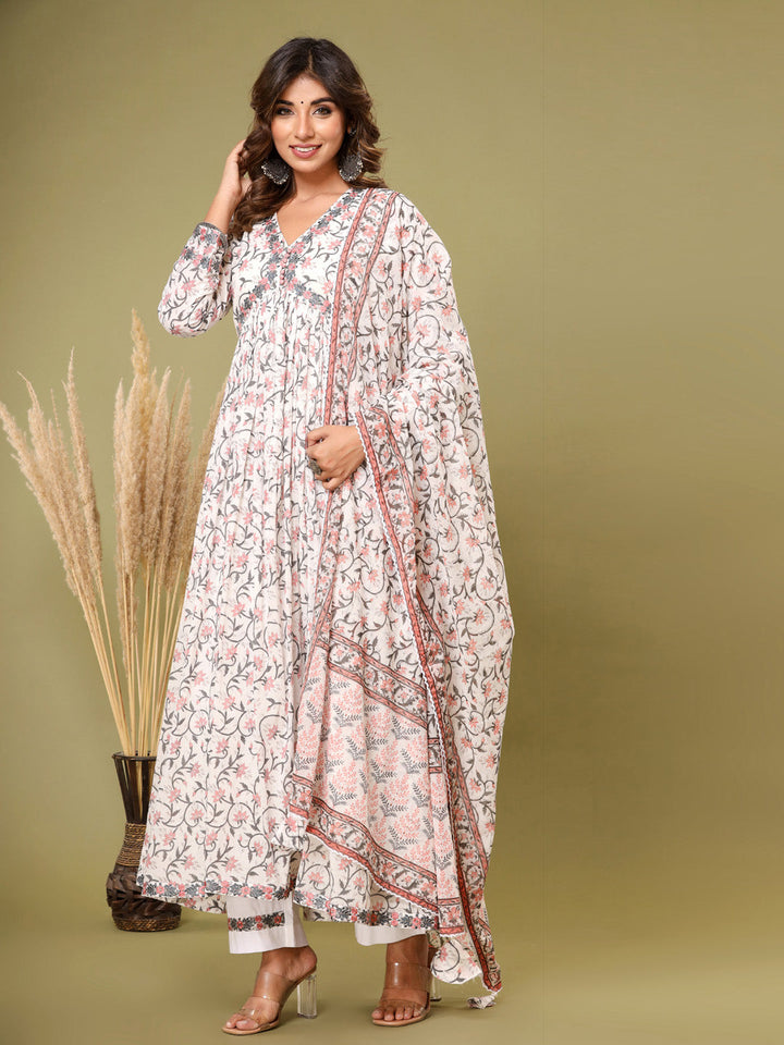 Printed Cotton Kurta With Pants &amp; Dupatta