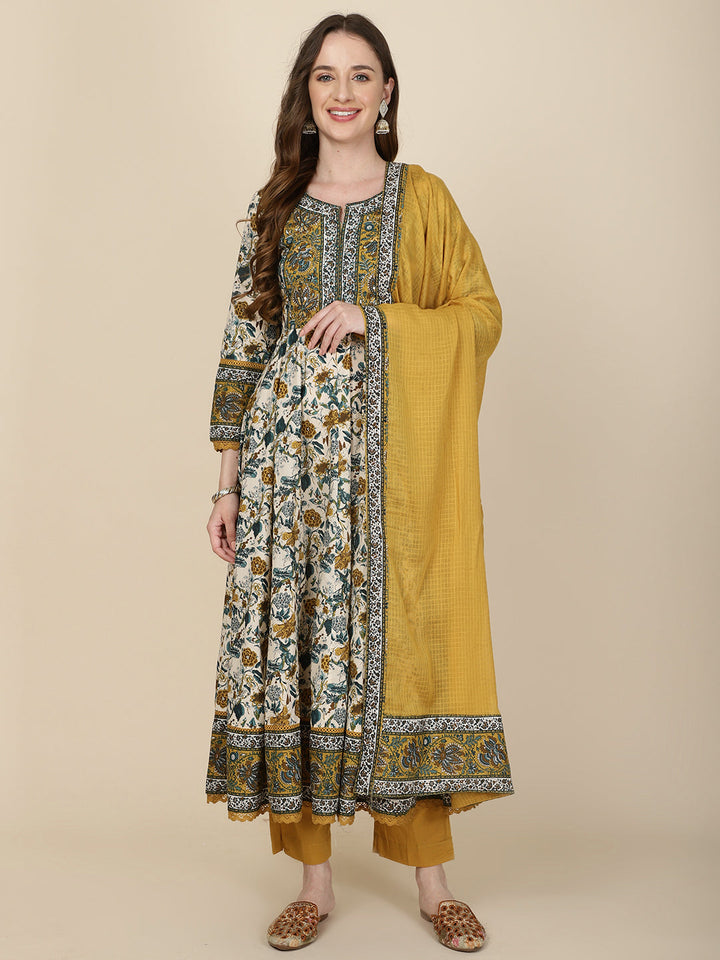 Floral Printed Cotton Kurta With Pants &amp; Dupatta