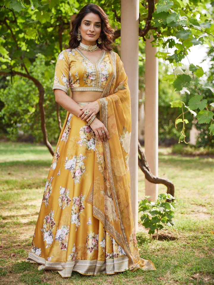 Floral Digital Printed Satin Choli With Lehenga &amp; Crepe Dupatta
