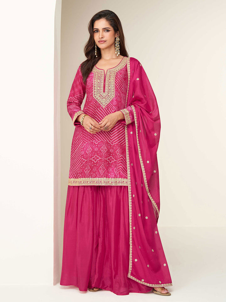Embroidered Chinon Silk Kurti With Sharara &amp; Dupatta