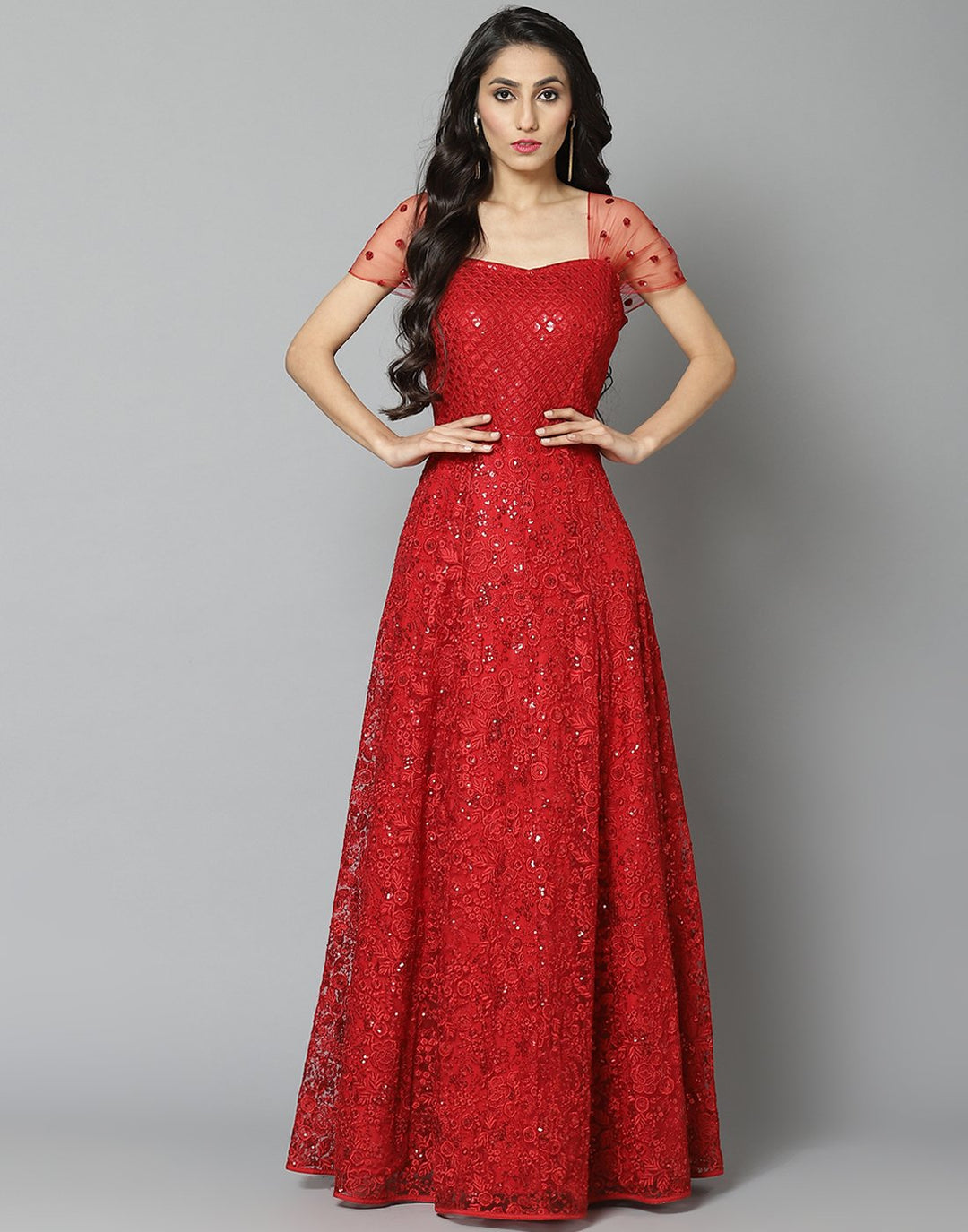 Elegant Red Net Long Dress