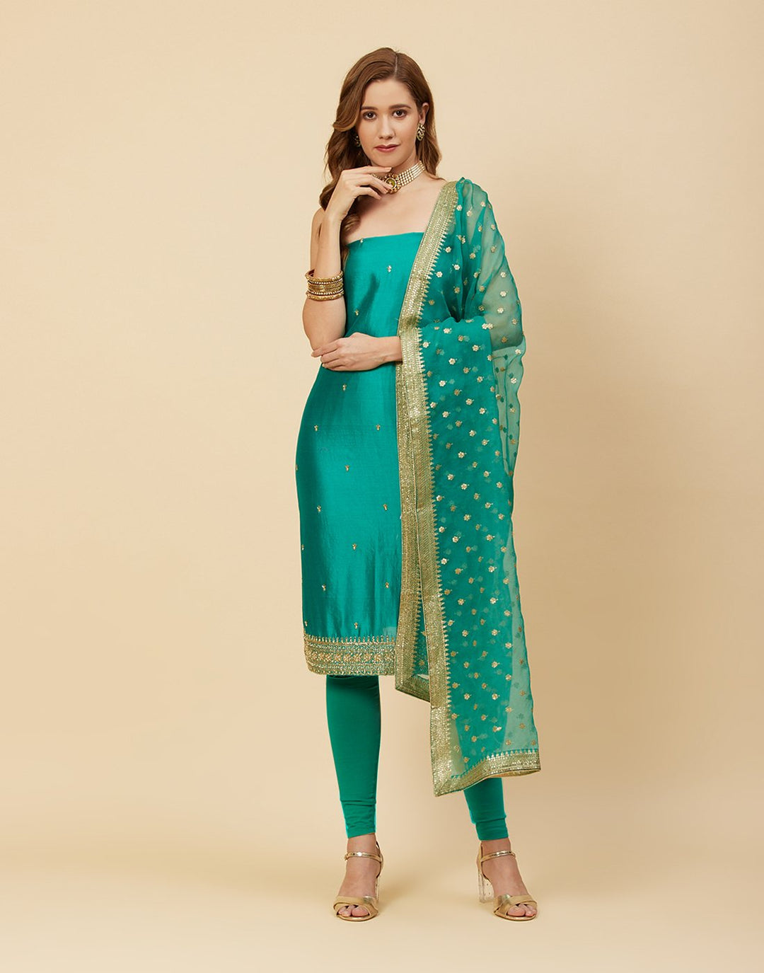 Embroidered Handloom Dupion With Organza Dupatta