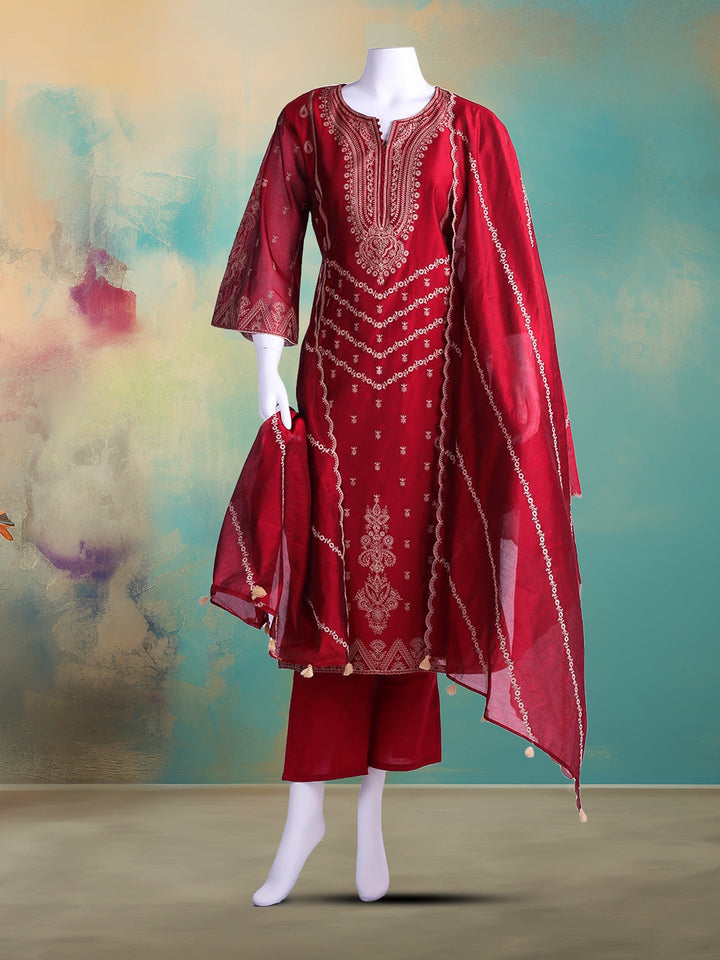 Embroidered Chanderi Kurta With Pant &amp; Dupatta