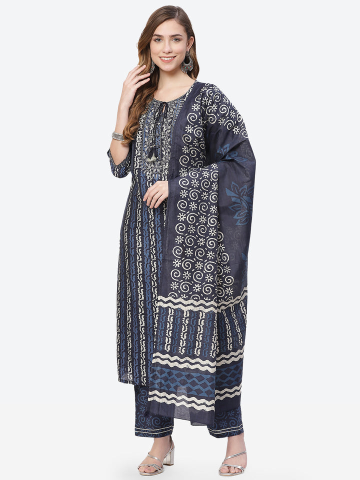 Printed Cotton Kurti With Pant And Printed Dupatta
