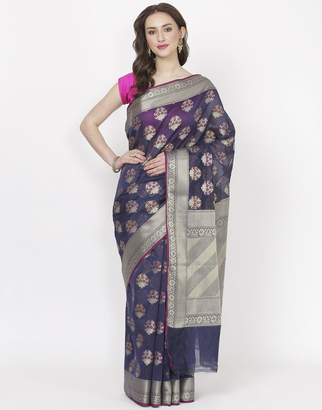 Navy Blue Cotton Woven Saree