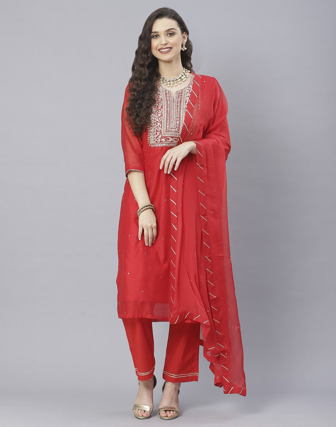 Red and Teal Blue Cotton Chanderi Salwar Kameez