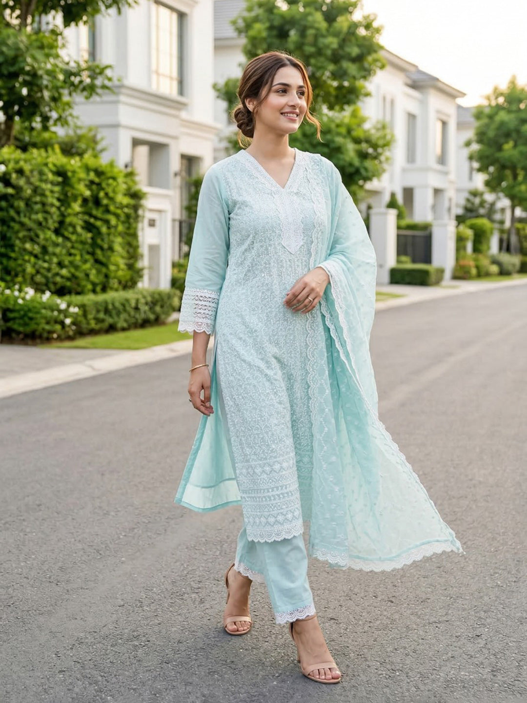Embroidered Cotton Blend Kurta With Pant &amp; Dupatta