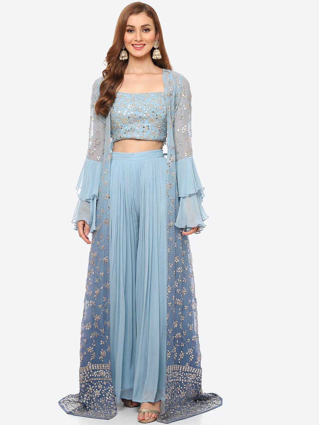 Zari Embroidered Booti Georgette Crop Top With Sharara &amp; Jacket