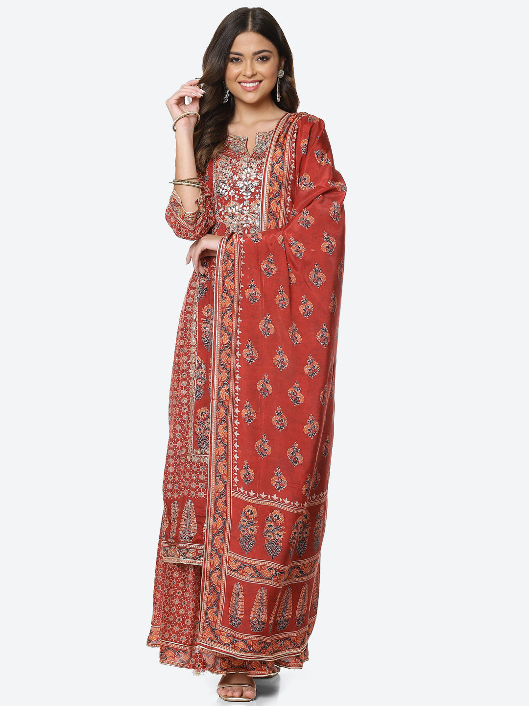 Gota Neck Printed Cotton Kurta With Garara &amp; Dupatta