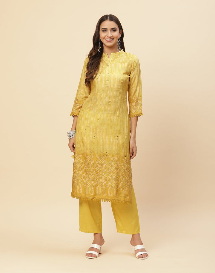 Printed Mirror Work Cotton Muslin Kurti With Pant