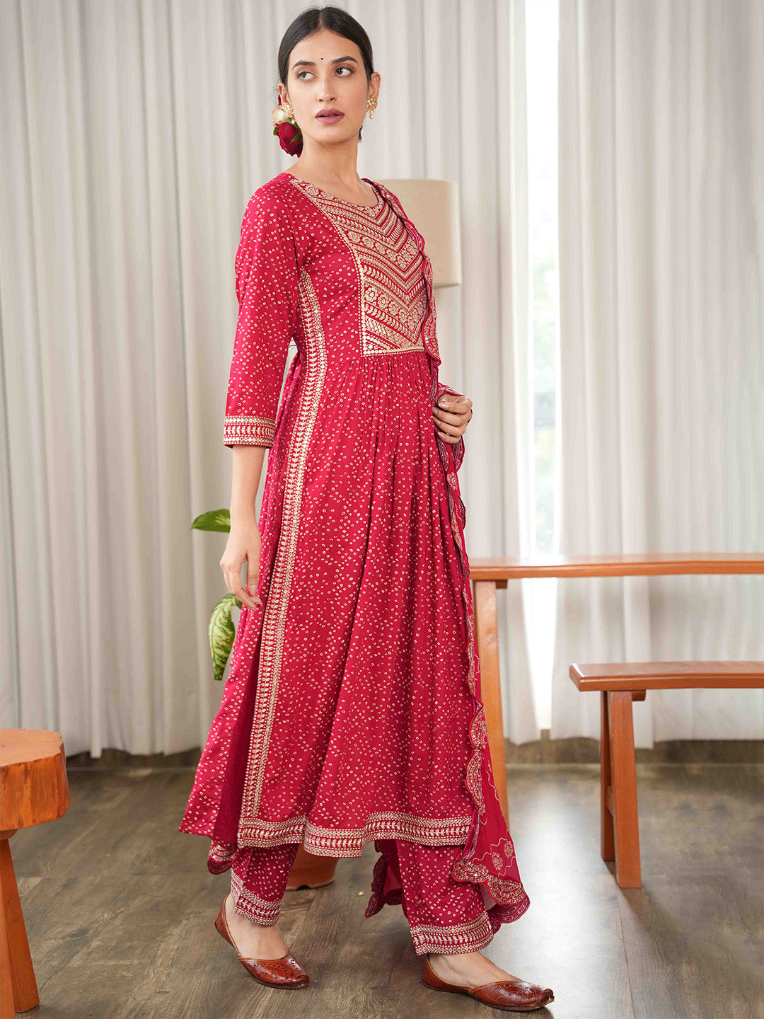 Bandhani Embroidered Rayon Kurta With Pants &amp; Dupatta