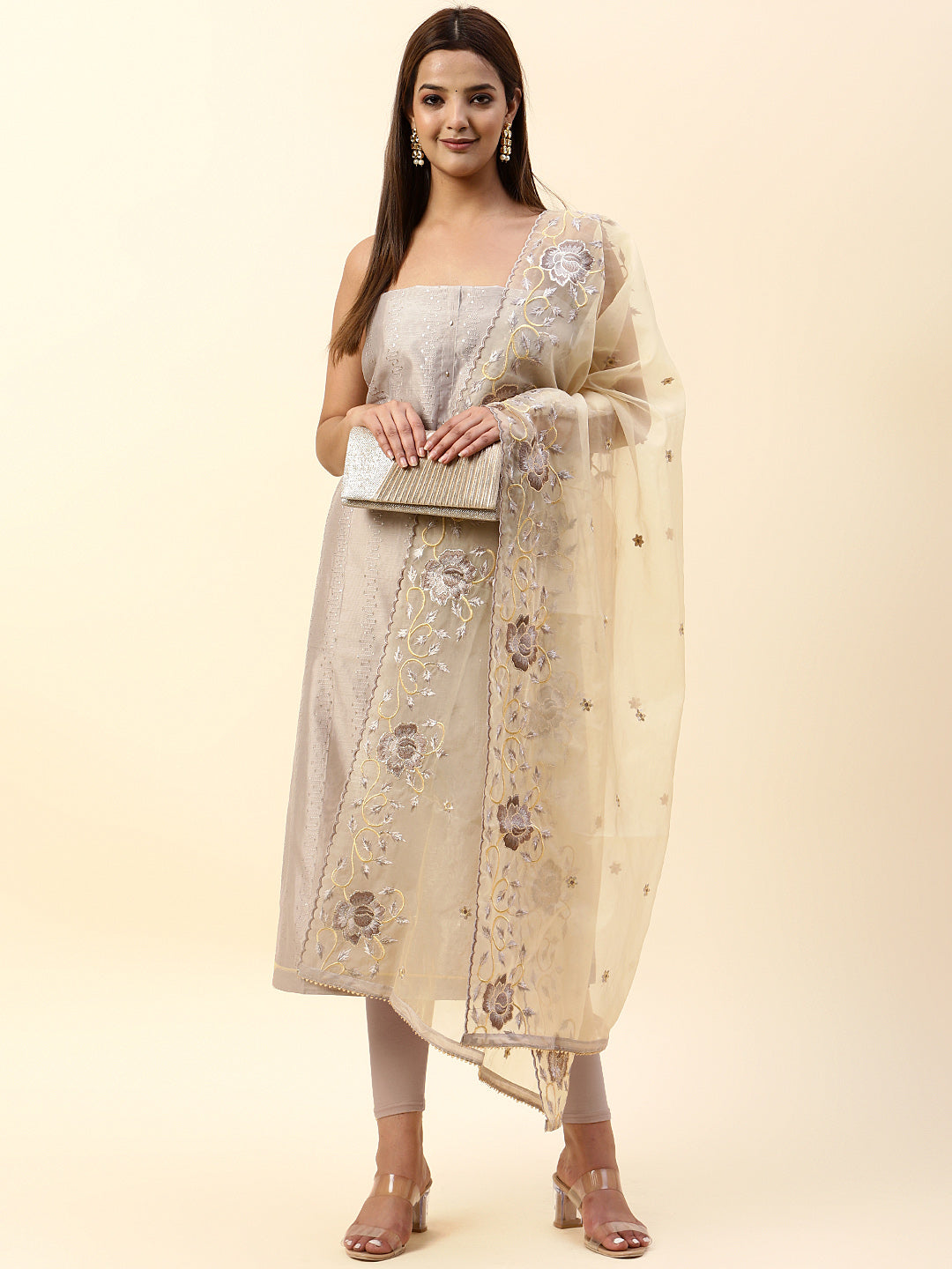 Embroidered Chanderi Unstitched Suit Piece With Dupatta
