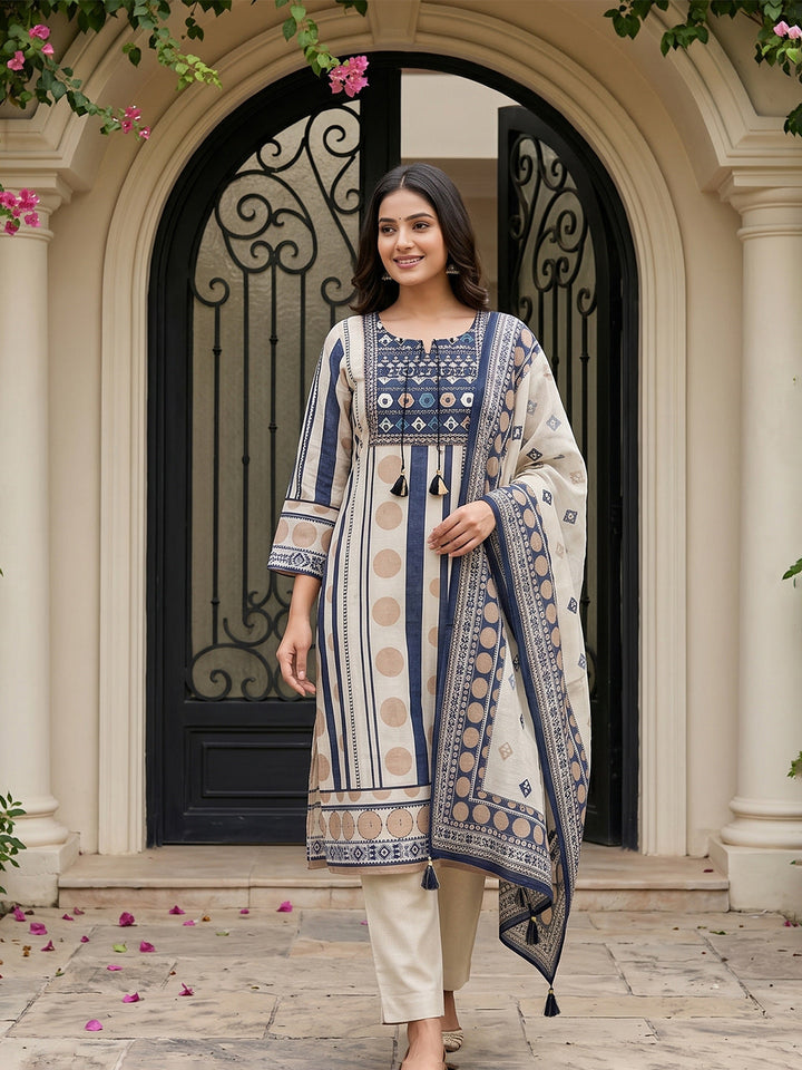 Embroidered Cotton Blend Kurta With Pant &amp; Dupatta