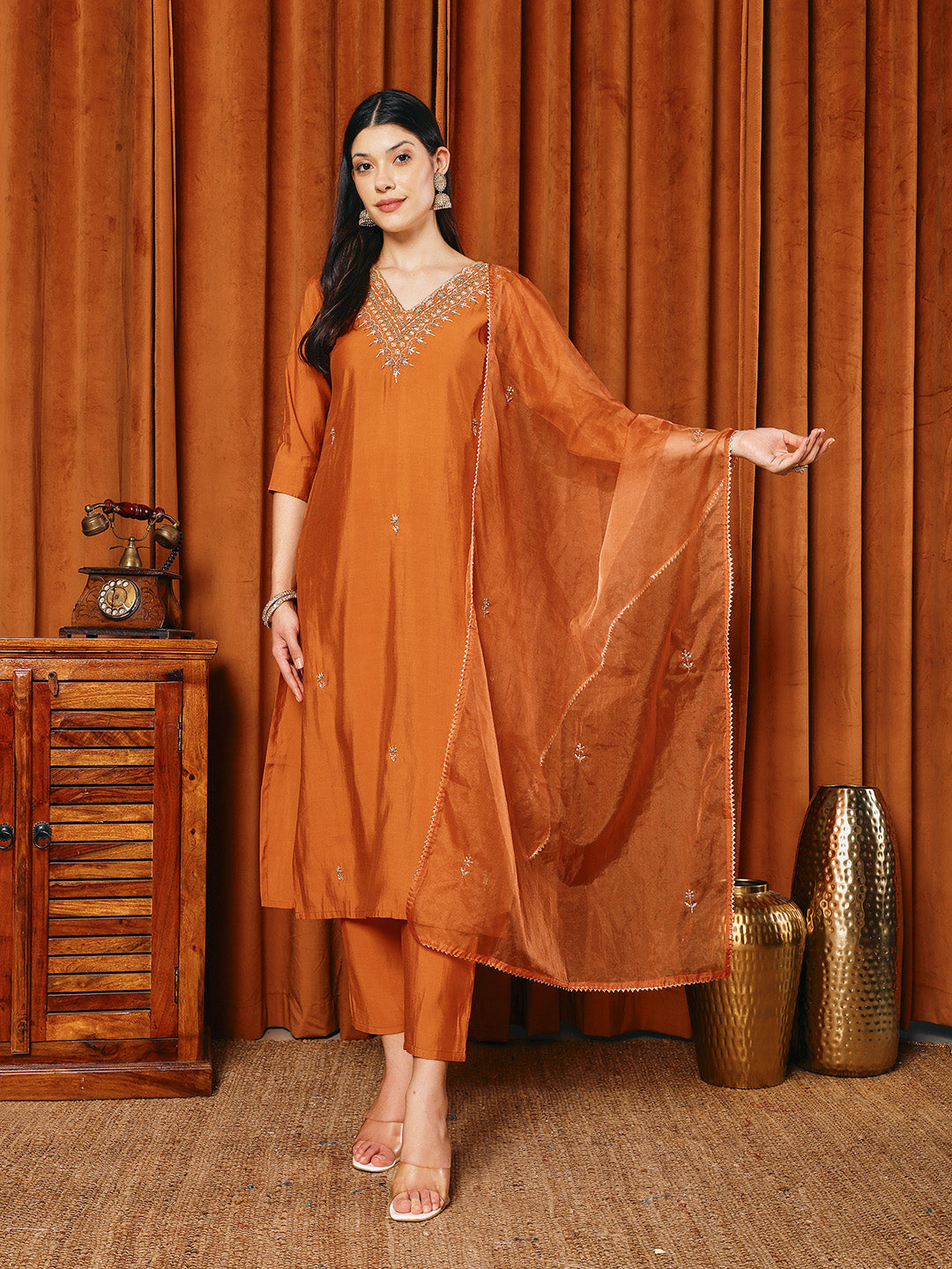 Embroidered Cotton Blend Kurta With Pants &amp; Dupatta