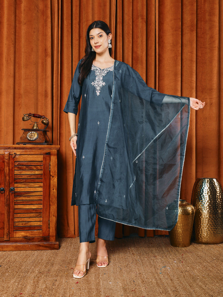 Embroidered Cotton Blend Kurta With Pants &amp; Dupatta