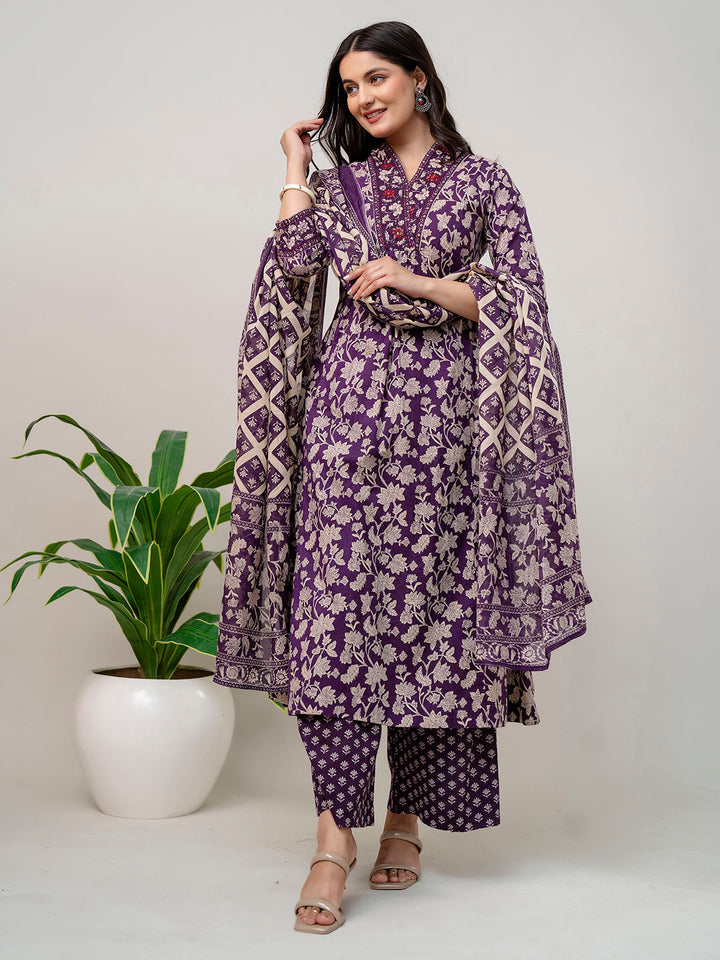 Floral Parinted Cotton Kurta With Pants &amp; Dupatta