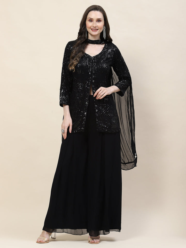 Sequin Embroidery Georgette Kurti With Palazzo &amp; Dupatta