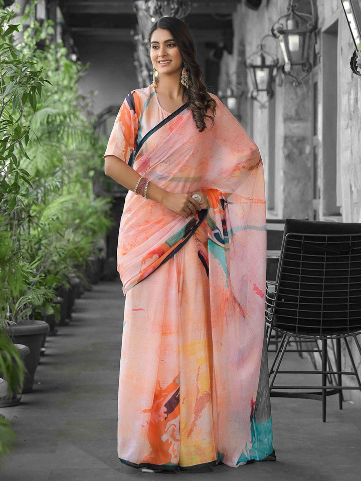Printed Georgette Readymade Saree With Stitched Blouse