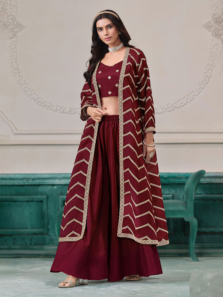 Embroidered Chinnon Choli With Plazzo &amp; Jacket