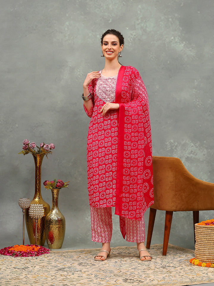 Printed Cotton Blend Kurta With Pants &amp; Dupatta