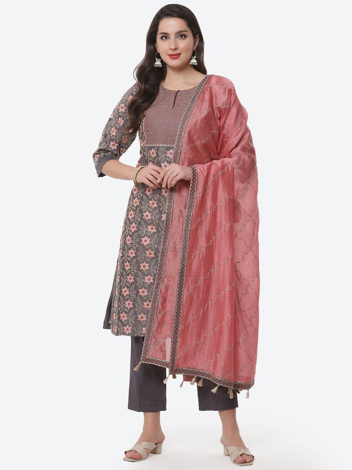 Printed Cotton Chanderi Kurti With Embroidered Chanderi Dupatta