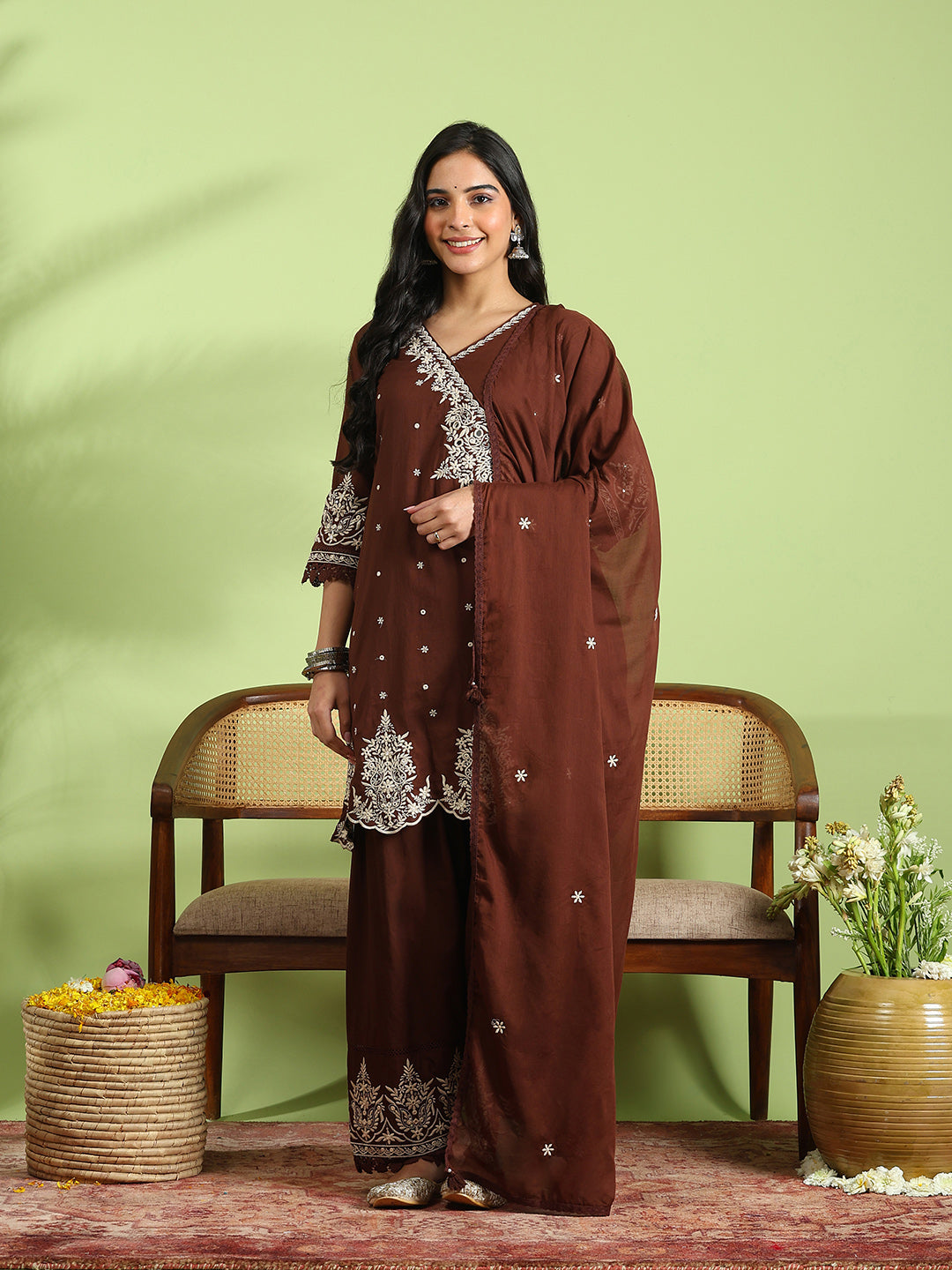 Embroidered Cotton Kurta With Pant &amp; Dupatta