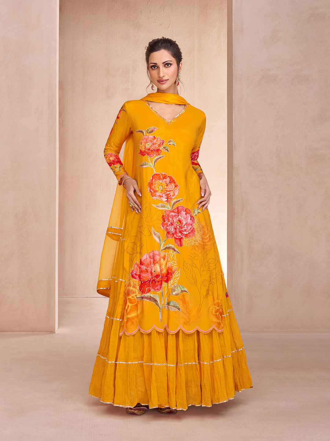 Embroidered Muslin Kurta With Skirt &amp; Dupatta