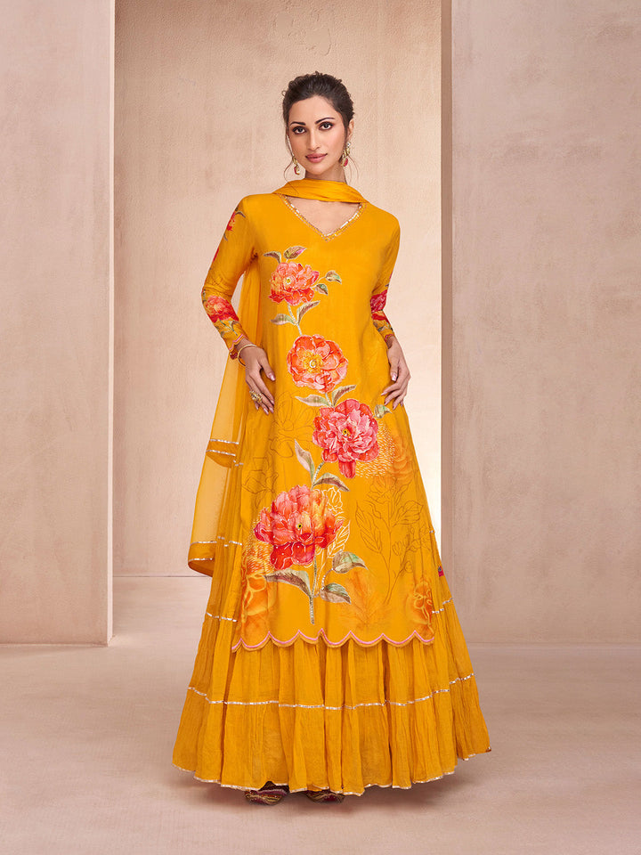 Embroidered Muslin Kurta With Skirt &amp; Dupatta