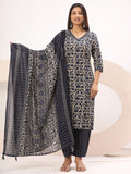 Black Embroidered Cotton Blend Straight Suit Set With Dupatta