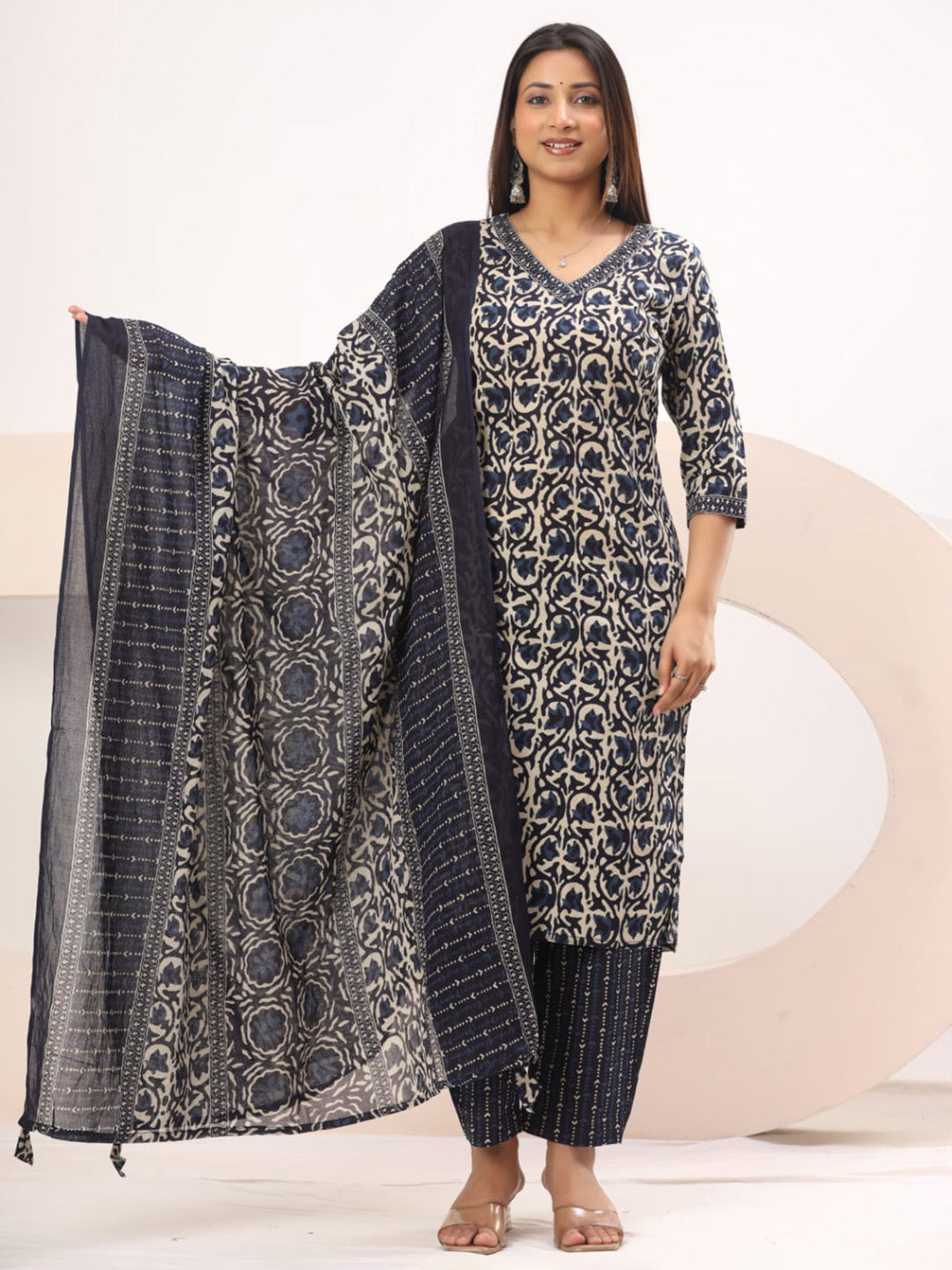 Black Embroidered Cotton Blend Straight Suit Set With Dupatta