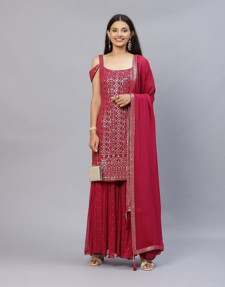 Wine Georgette Salwar Kameez Stitched Suit