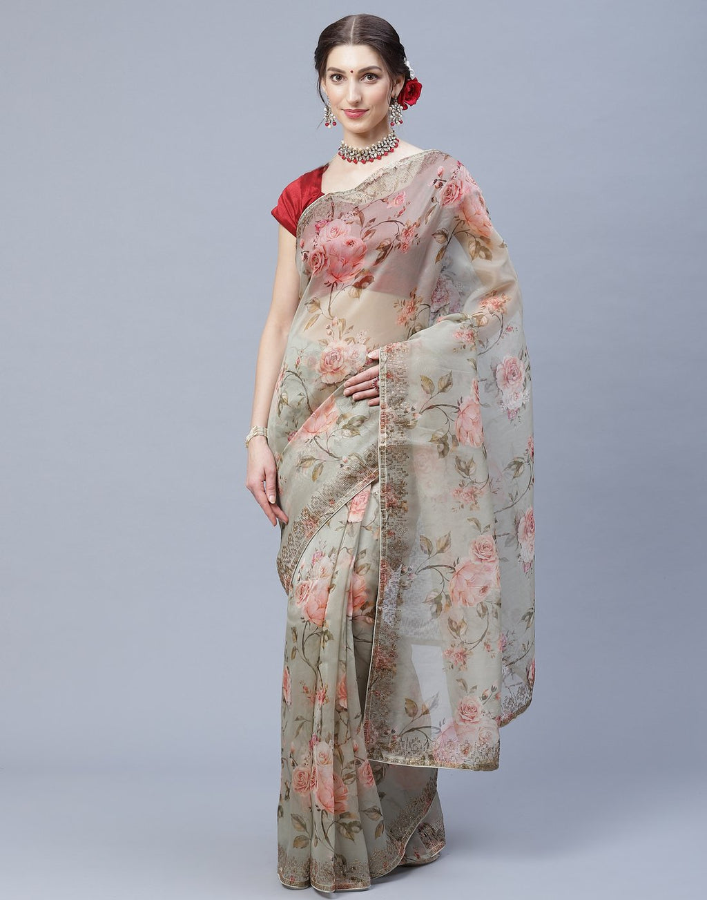 Digital Floral Printed Kora Saree with Stone Work Border