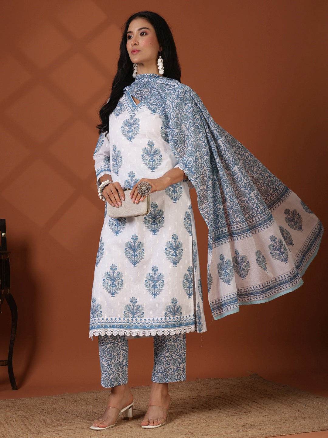 Printed Cotton Blend Kurta With Pant &amp; Dupatta