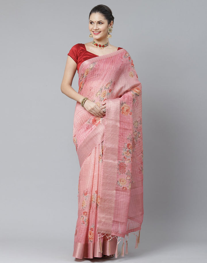 Floral Print Cotton Linen Saree