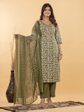 Green Embroidered Cotton Blend Straight Suit Set With Dupatta