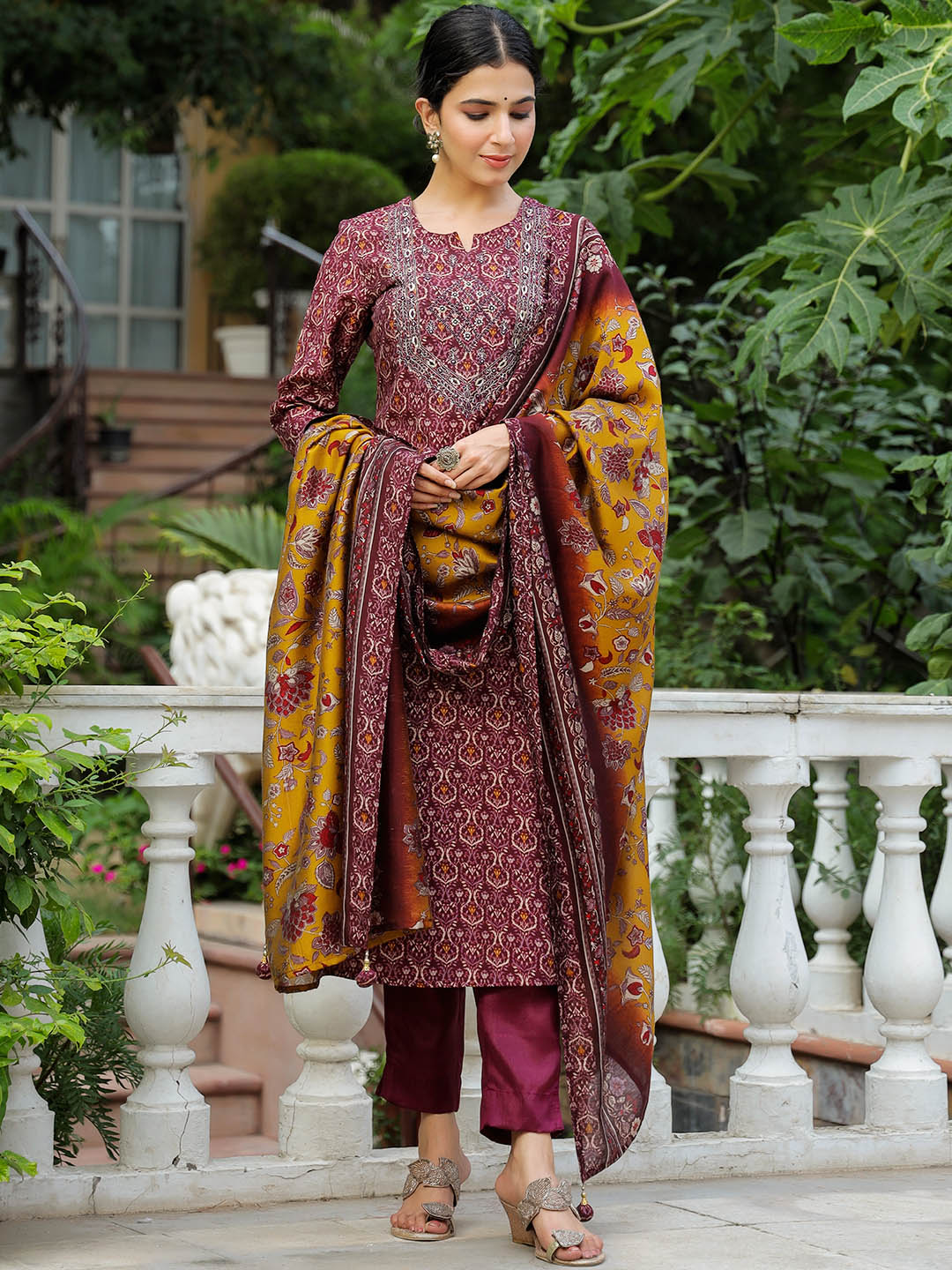 Printed Neck Embroidered Cotton Kurta With Pants &amp; Dupatta